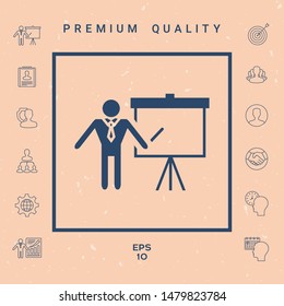 Presentation sign icon. Man standing with pointer near the flip chart. Blank empty billboard , elements for your design
