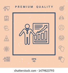 Presentation sign icon. Man standing with pointer near the infographic. - line icon.