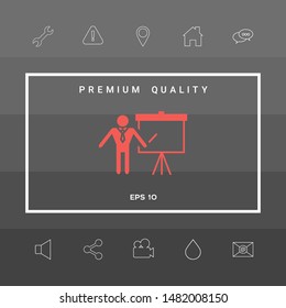 Presentation sign icon. Man standing with pointer near the flip chart. Blank empty billboard , elements for your design