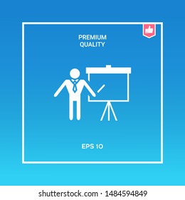Presentation sign icon. Man standing with pointer near the flip chart. Blank empty billboard , elements for your design