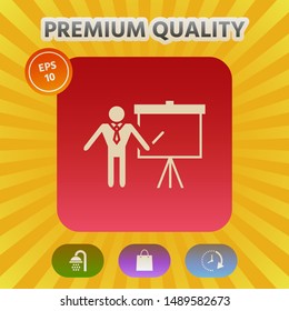 Presentation sign icon. Man standing with pointer near the flip chart. Blank empty billboard , elements for your design