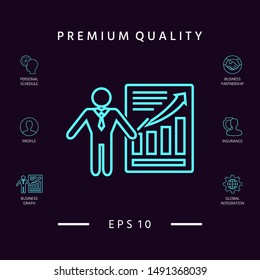 Presentation sign icon. Man standing with pointer near the infographic. - line icon.