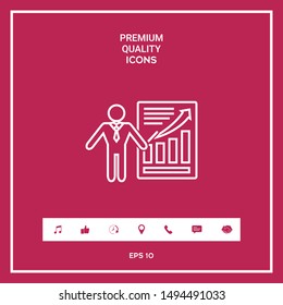 Presentation sign icon. Man standing with pointer near the infographic. - line icon.