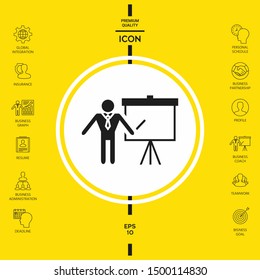 Presentation sign icon. Man standing with pointer near the flip chart. Blank empty billboard , elements for your design