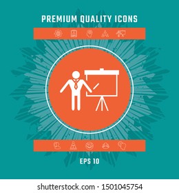 Presentation sign icon. Man standing with pointer near the flip chart. Blank empty billboard , elements for your design