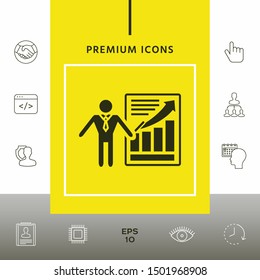 Presentation sign icon. Man standing with pointer near the infographic. Graphic elements for your design