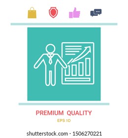 Presentation sign icon. Man standing with pointer near the infographic. - line icon.