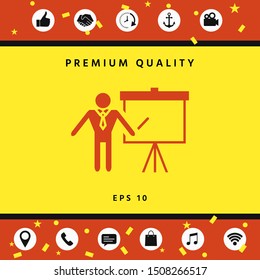 Presentation sign icon. Man standing with pointer near the flip chart. Blank empty billboard , elements for your design
