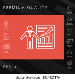 Presentation sign icon. Man standing with pointer near the infographic. - line icon.