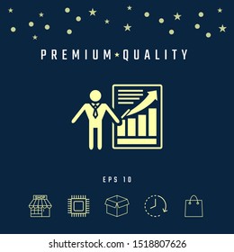 Presentation sign icon. Man standing with pointer near the infographic. Graphic elements for your design