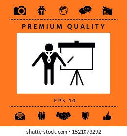Presentation sign icon. Man standing with pointer near the flip chart. Blank empty billboard , elements for your design