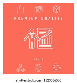 Presentation sign icon. Man standing with pointer near the infographic. - line icon.