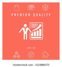 Presentation sign icon. Man standing with pointer near the infographic. Graphic elements for your design