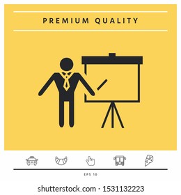 Presentation sign icon. Man standing with pointer near the flip chart. Blank empty billboard , elements for your design