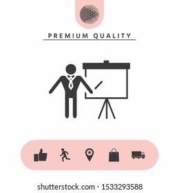Presentation sign icon. Man standing with pointer near the flip chart. Blank empty billboard , elements for your design