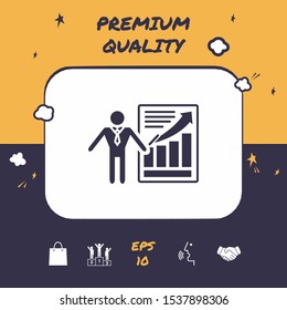 Presentation sign icon. Man standing with pointer near the infographic. Graphic elements for your design