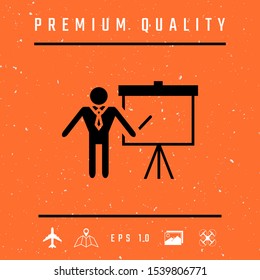 Presentation sign icon. Man standing with pointer near the flip chart. Blank empty billboard , elements for your design