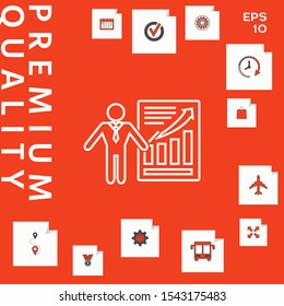 Presentation sign icon. Man standing with pointer near the infographic. - line icon.