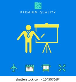 Presentation sign icon. Man standing with pointer near the flip chart. Blank empty billboard , elements for your design
