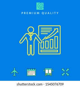 Presentation sign icon. Man standing with pointer near the infographic. - line icon.