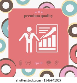 Presentation sign icon. Man standing with pointer near the infographic. Graphic elements for your design