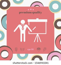 Presentation sign icon. Man standing with pointer near the flip chart. Blank empty billboard , elements for your design