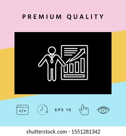 Presentation sign icon. Man standing with pointer near the infographic. - line icon.