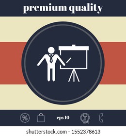 Presentation sign icon. Man standing with pointer near the flip chart. Blank empty billboard , elements for your design