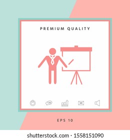 Presentation sign icon. Man standing with pointer near the flip chart. Blank empty billboard , elements for your design
