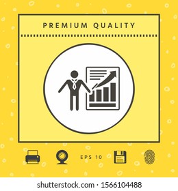 Presentation sign icon. Man standing with pointer near the infographic. Graphic elements for your design