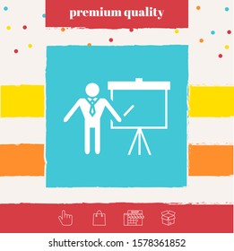 Presentation sign icon. Man standing with pointer near the flip chart. Blank empty billboard , elements for your design
