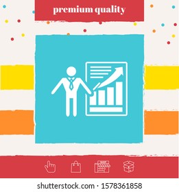 Presentation sign icon. Man standing with pointer near the infographic. Graphic elements for your design