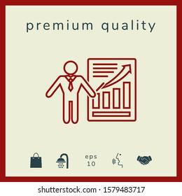 Presentation sign icon. Man standing with pointer near the infographic. - line icon.