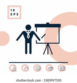 Presentation sign icon. Man standing with pointer near the flip chart. Blank empty billboard , elements for your design