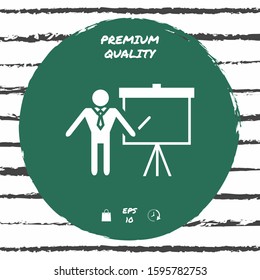 Presentation sign icon. Man standing with pointer near the flip chart. Blank empty billboard , elements for your design