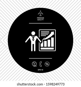Presentation sign icon. Man standing with pointer near the infographic. Graphic elements for your design