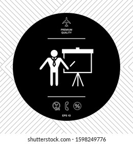 Presentation sign icon. Man standing with pointer near the flip chart. Blank empty billboard , elements for your design