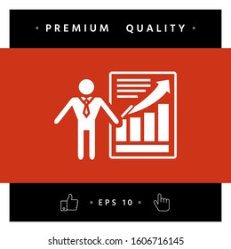Presentation sign icon. Man standing with pointer near the infographic. Graphic elements for your design