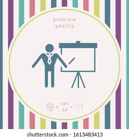 Presentation sign icon. Man standing with pointer near the flip chart. Blank empty billboard , elements for your design