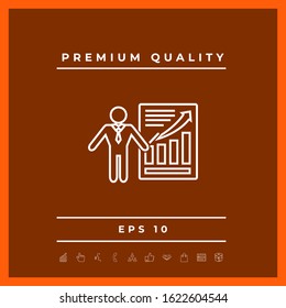 Presentation sign icon. Man standing with pointer near the infographic. - line icon.