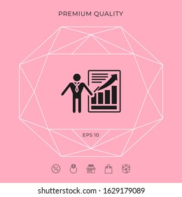 Presentation sign icon. Man standing with pointer near the infographic. Graphic elements for your design