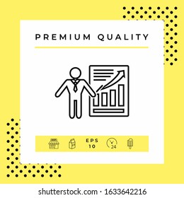 Presentation sign icon. Man standing with pointer near the infographic. - line icon.