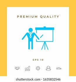 Presentation sign icon. Man standing with pointer near the flip chart. Blank empty billboard , elements for your design