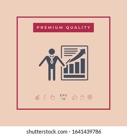 Presentation sign icon. Man standing with pointer near the infographic. Graphic elements for your design