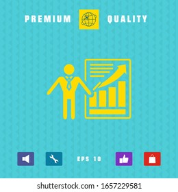 Presentation sign icon. Man standing with pointer near the infographic. Graphic elements for your design