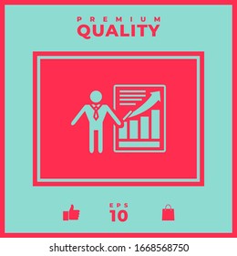 Presentation sign icon. Man standing with pointer near the infographic. Graphic elements for your design