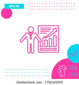 Presentation sign icon. Man standing with pointer near the infographic. - line icon.