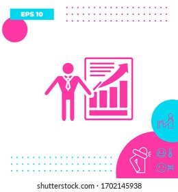 Presentation sign icon. Man standing with pointer near the infographic. Graphic elements for your design