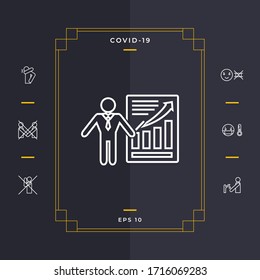 Icono de signo de presentación. Hombre de pie con el puntero cerca de la infografía. - icono de línea.