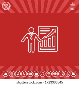 Icono de signo de presentación. Hombre de pie con el puntero cerca de la infografía. - icono de línea.